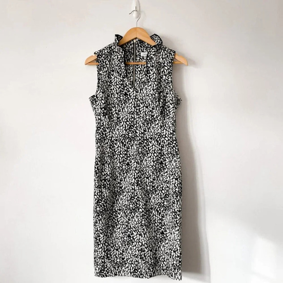 Calvin Klein Ruffle V Neck Sheath Dress Black White Dot Sz 8 - Picture 2 of 8